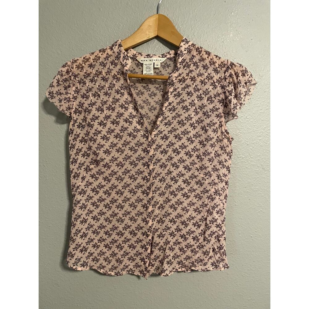 Vintage Max Studio Womens Top Medium Pink Floral Silk Chiffon Sheer Fairy Y2K
